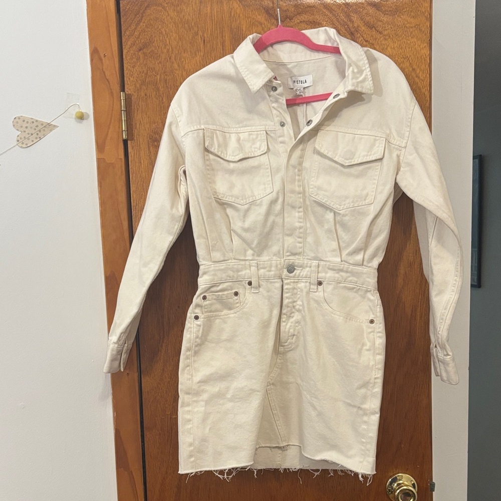 Pistola Nina Cotton Denim Mini Dress in Eggshell Size Small - Picture 2 of 13